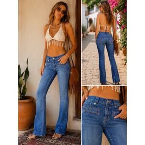 Rare F.C.U.K. Y2K Contrast Stitch Bootcut Jeans Size 4 Pink Blue Designer Denim